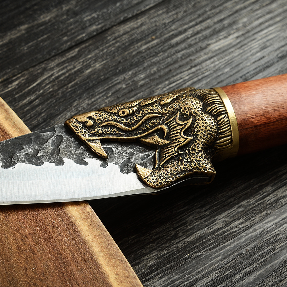 5寸龙泉锤纹多用刀 铜龙头7cr尖头锻打小菜刀酸枝木柄剔骨割肉刀