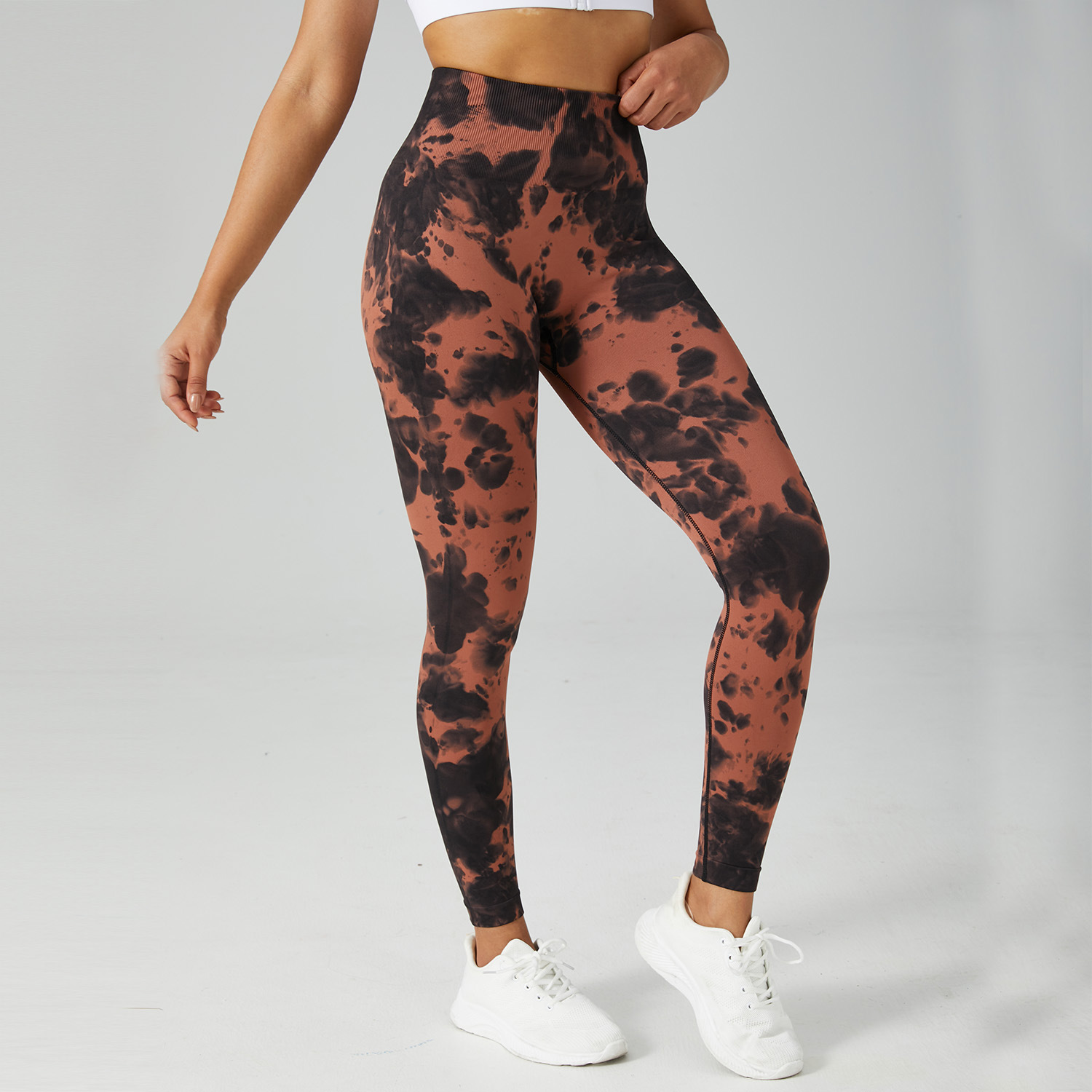 Cross-Border Seamless Binding and Bleaching Peach Hip Yoga Pants High Waist Belly Contracting Fitness Pants Women's Tie-Dyed Running Sports Tight Pants