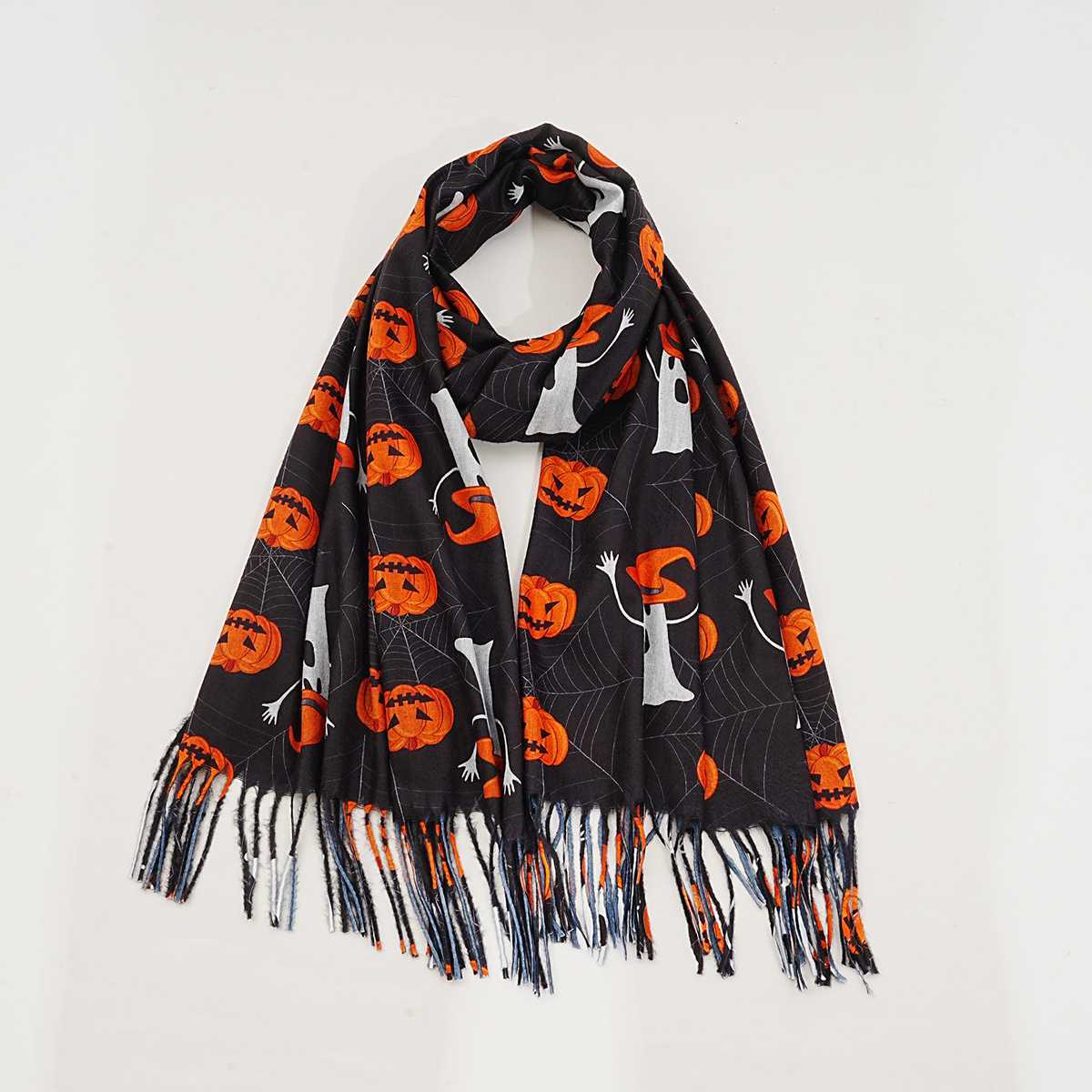 New Cashmere-like Black Halloween Ghost Pumpkin Digital Printing Scarf Magic Awakening Wizard's Hat Set