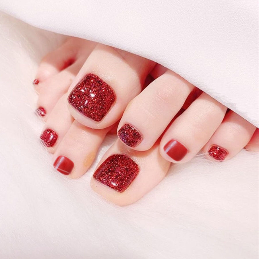 栩梦蝶j-50正红亮片脚趾甲光疗跨境红色假指甲穿戴美甲贴成品甲片