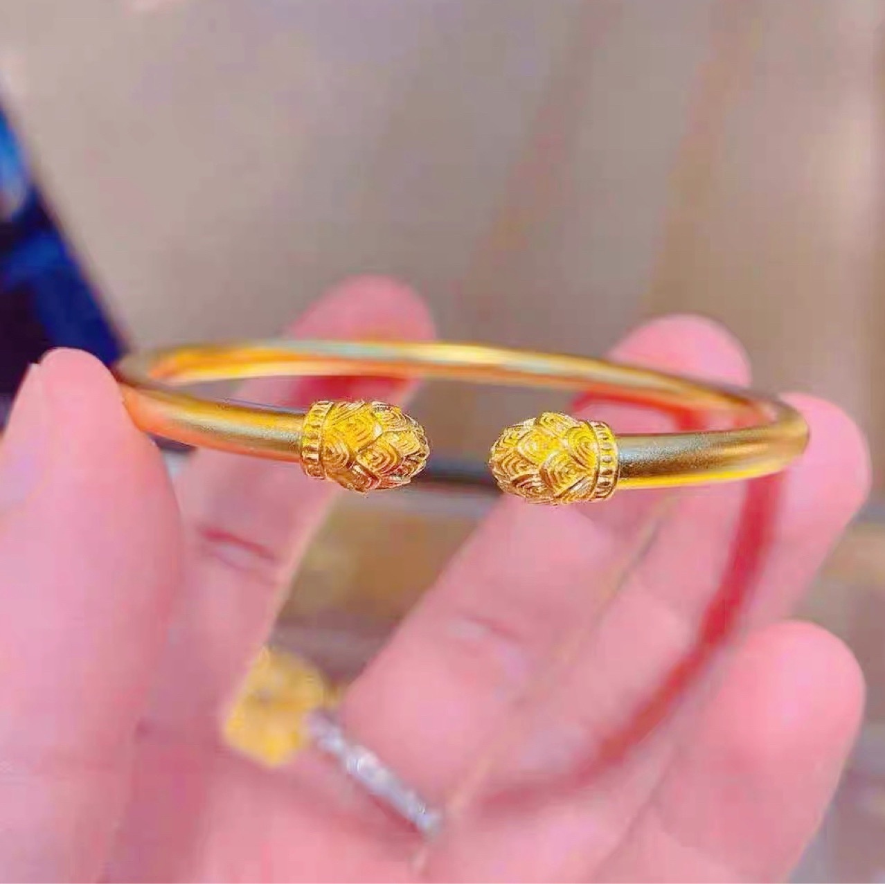 沙金宫廷古法传承双莲花手镯开口荷花铜镀金实心素圈镯子结婚首饰