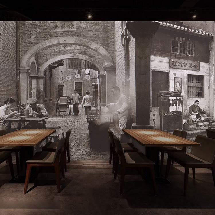 复古怀旧壁画老上海弄堂小巷街景民国墙壁纸酒店餐厅饭店拍照摄影