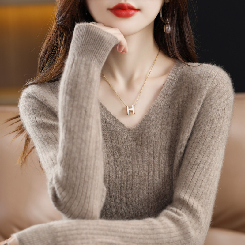 2023 Spring Women's Clothes New Knitwear Pullover V-neck Bedford Cord Sweater Solid Color Long Sleeve Thin Slim Bottoming Shirt