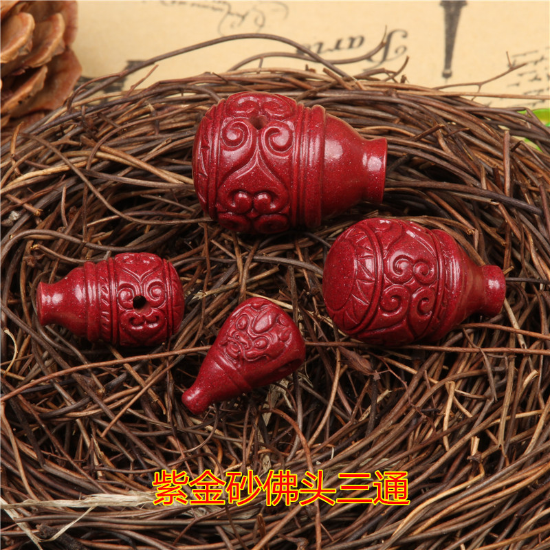 高含量原矿朱砂佛头三通配件帝王紫金砂回纹三通貔貅水滴文玩饰品