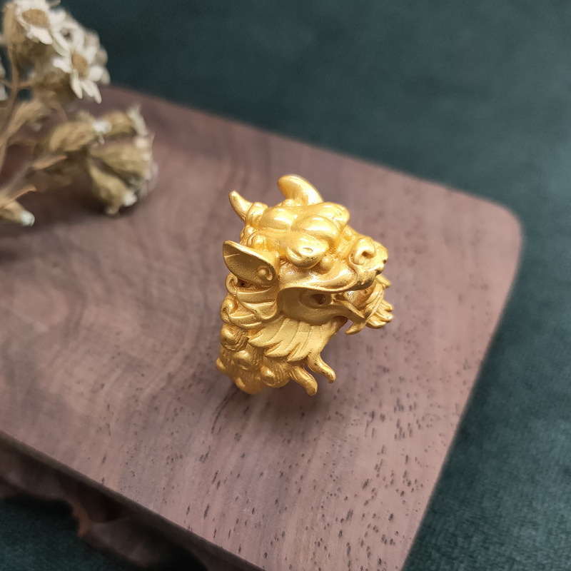 越南沙可调节金戒指男士龙头霸气社会麒麟电镀金色镀活口指环首饰