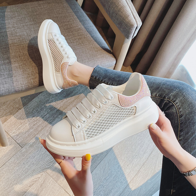 麦昆小白鞋女鞋子2023新款单鞋网面透气水钻百搭运动休闲板鞋