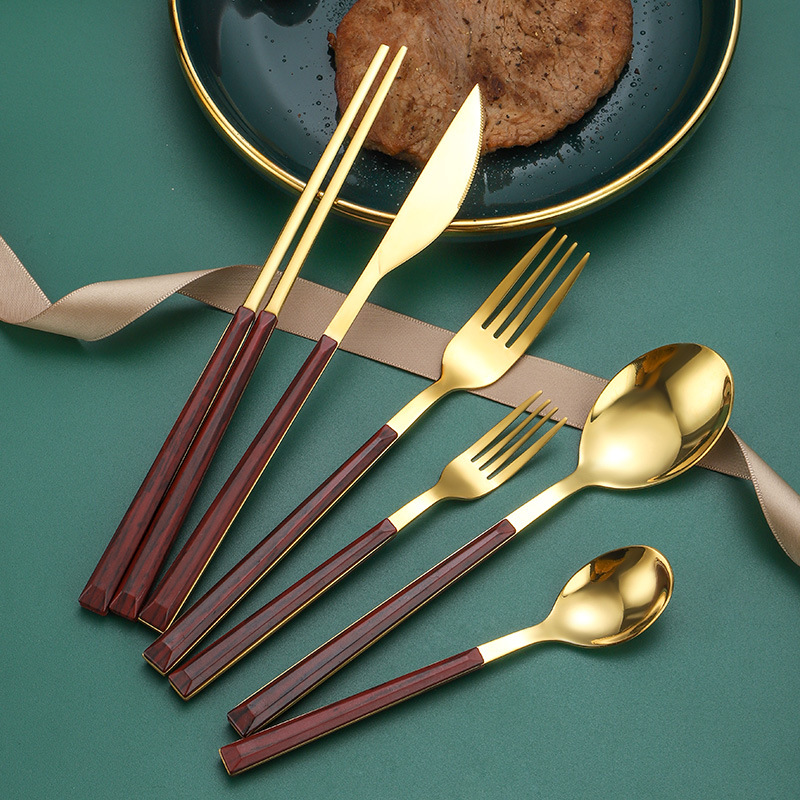 430仿木纹韩式夹柄不锈钢餐具刀叉勺筷子礼盒套装仿木柄四件套金