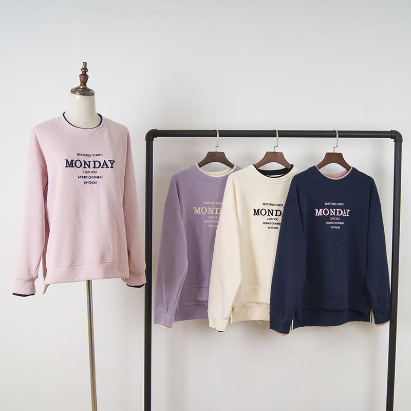 新款春秋女上衣米妮绒拼色刺绣长袖女式圆领套头卫衣即墨女装批发