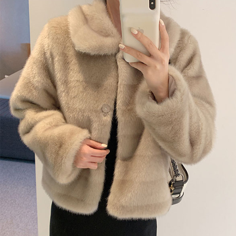 短款小外套女韩国仿水貂丹麦貂横纹韩版外套时尚翻领毛绒保暖上衣