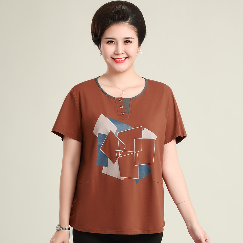 妈妈夏装短袖中老年女装印花圆领大码宽松t恤上衣40-50岁2022新款
