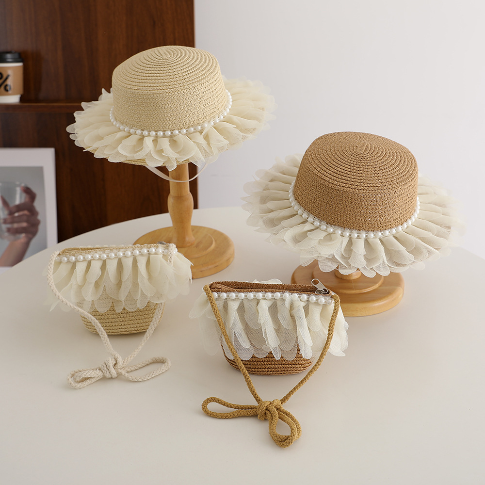hat bag suit fashion feather children‘s straw hat summer outdoor uv-proof sun protection sun hat