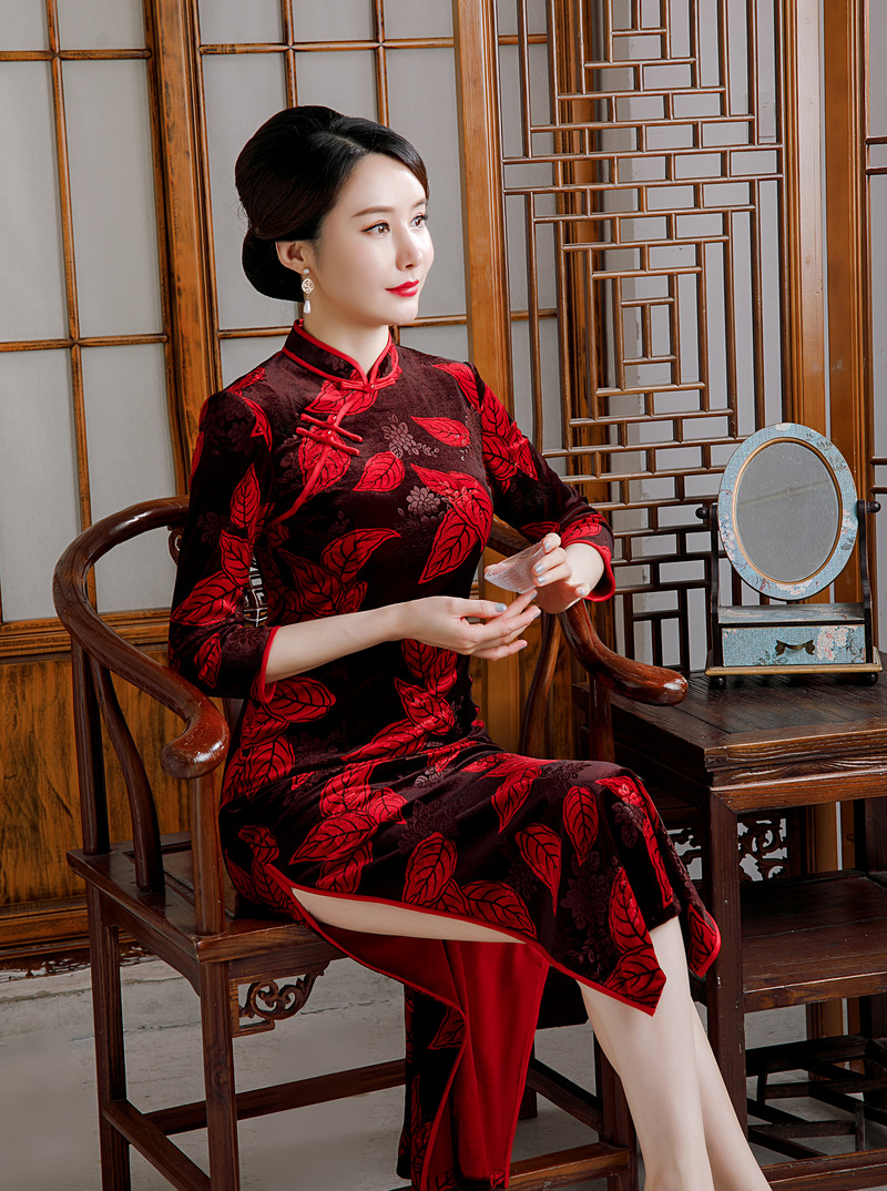 敬酒服旗袍女酒红色七分袖袖妈妈装婚宴结婚礼服连衣裙秋季长款
