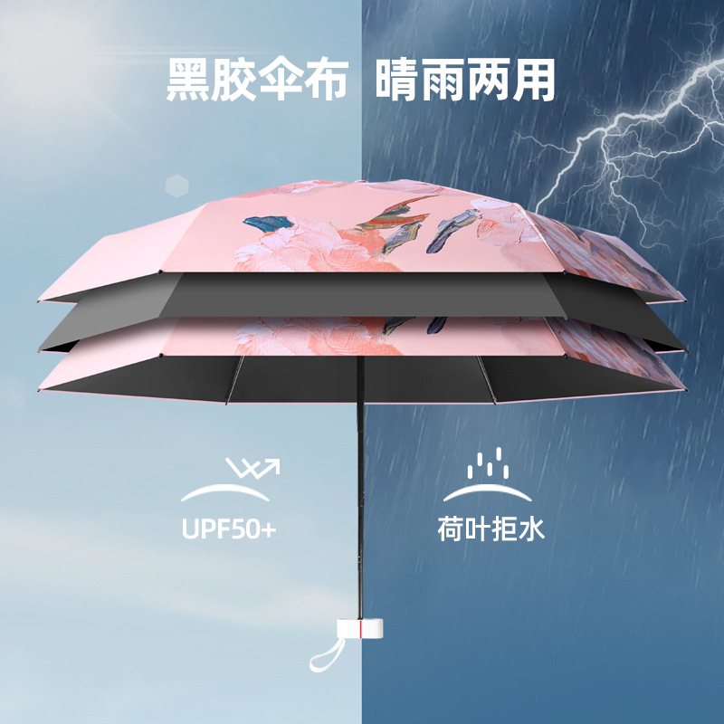 Hand-Painted Mini Flat Six Fold Vinyl Sun Umbrella Sun Protection UV Protection Sunny Rain Sun Umbrella Wholesale Advertising Umbrella Light Small