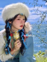 现代藏服古典旅游长裙雪山长袍新款藏服川藏线毛领风帽头饰摄影