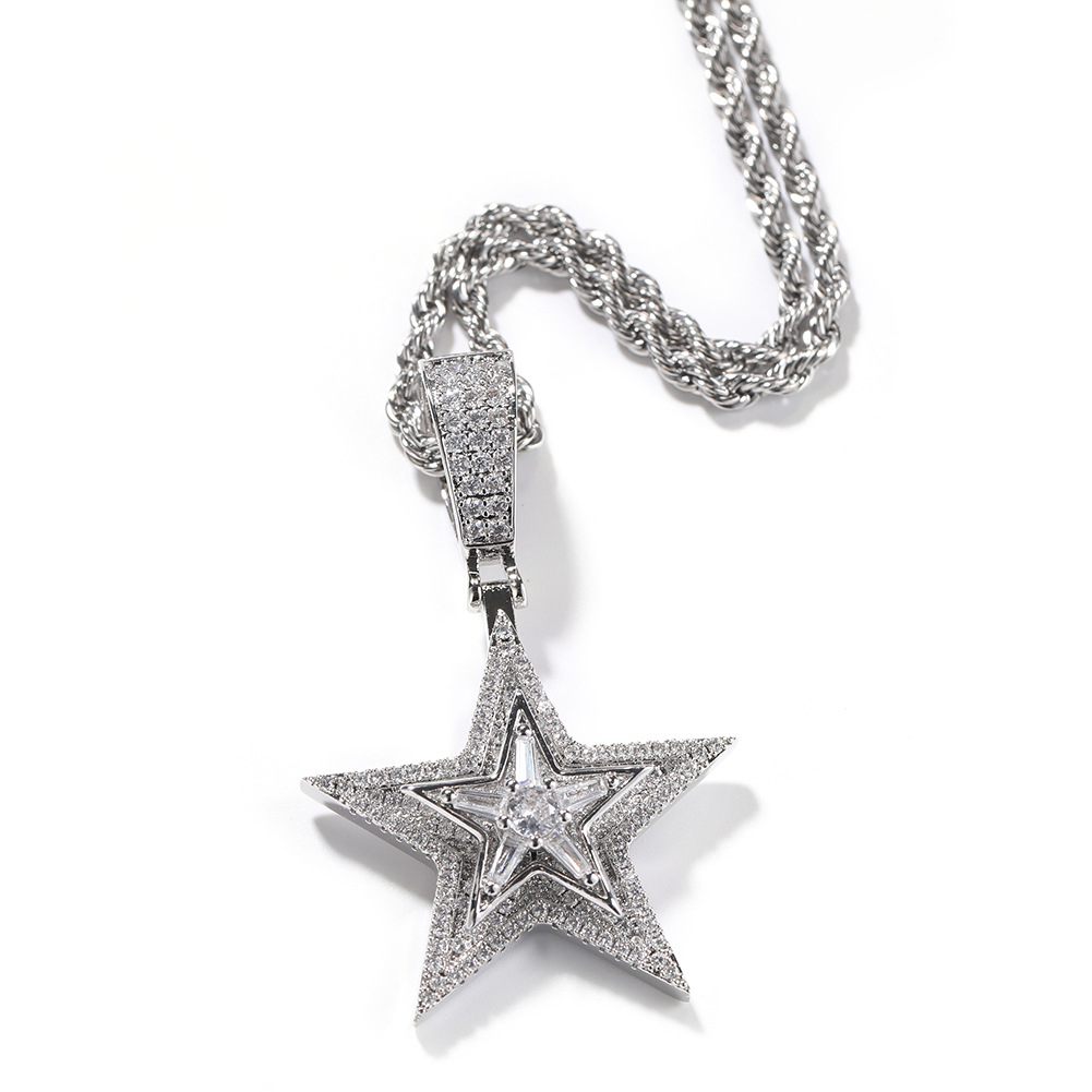 New European and American Style Hip Hop Diamond Rotating Five-Pointed Star Pendant Necklace Amazon Hot Product Street Trend Ornament