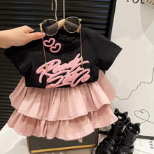 柠里 韩国童装夏季女童时髦字母印花T恤甜美粉色百褶短裙儿童套装