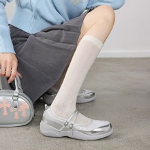 舒适运动厚底双排扣玛丽珍2025春秋低跟平底圆头黑色银色真皮单鞋