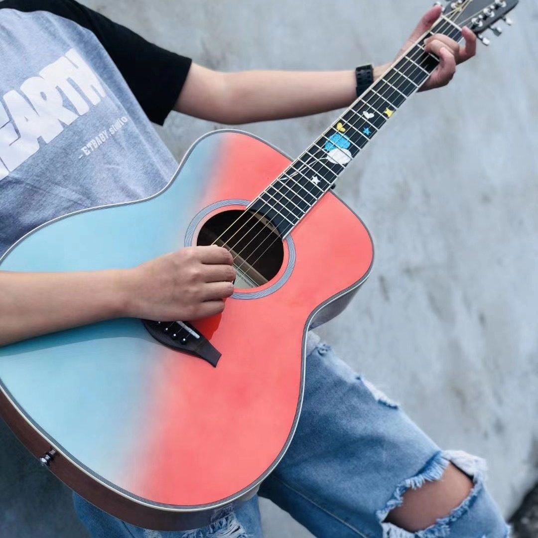 吉他初学者民谣吉他新手41寸零基础女学男生渐变民谣吉他粉色吉他