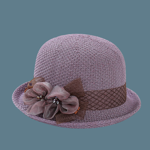 Summer New Knitted Breathable Basin Hat Women's Elegant Small Curling Fisherman Hat Middle-Aged and Elderly Fashionable Sun Protection Hat