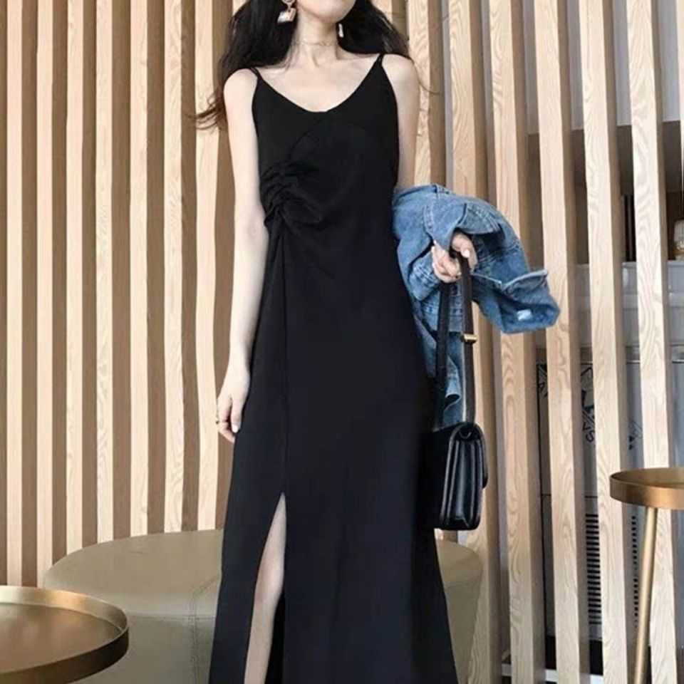 蓝依凝春夏新款设计感褶皱开叉修身显瘦吊带内搭连衣裙打底长裙小