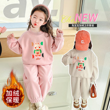 女童冬装一体绒套装2023新款中小童洋气卡通卫衣卫裤韩版两件套潮