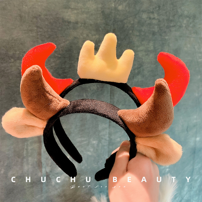 新年可爱搞怪红色牛角皇冠发箍牛年头饰发卡洗脸头箍卡通发窟批发