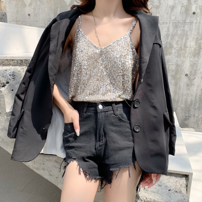 实拍2020吊带外穿潮蹦迪金光闪闪亮片背心女内搭性感