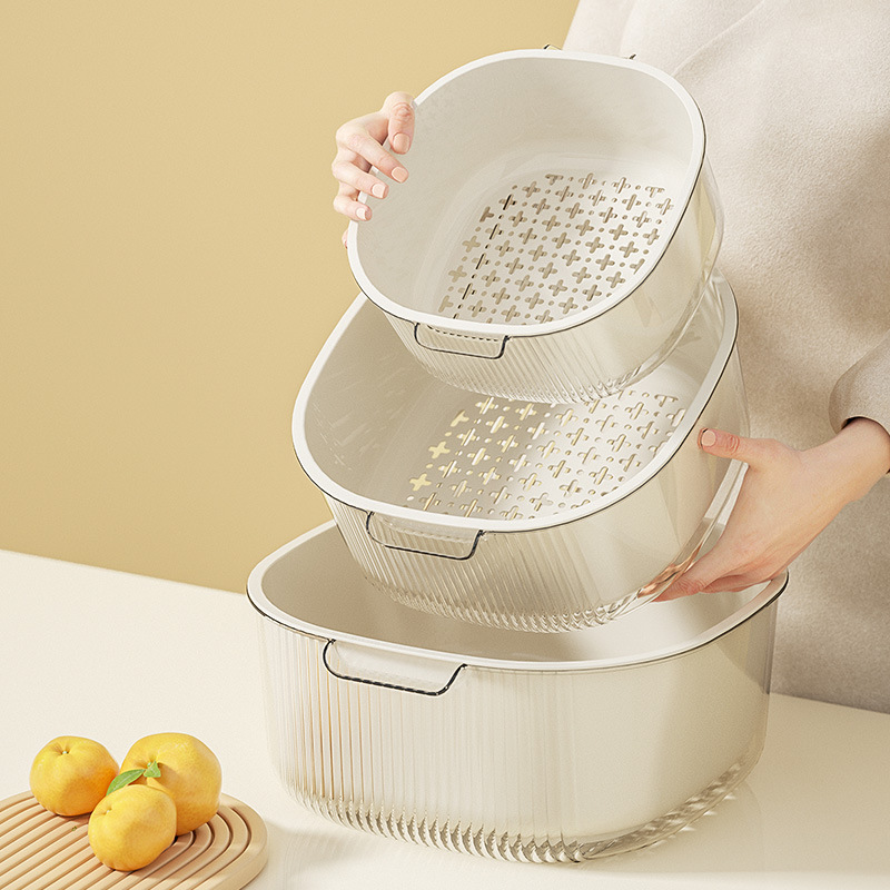 Kitchen Double-Layer Drain Basket Household Washing Vegetable Basket Multi-Functional Thickened Plastic Draining Basin Fruit Colander Drain Basket