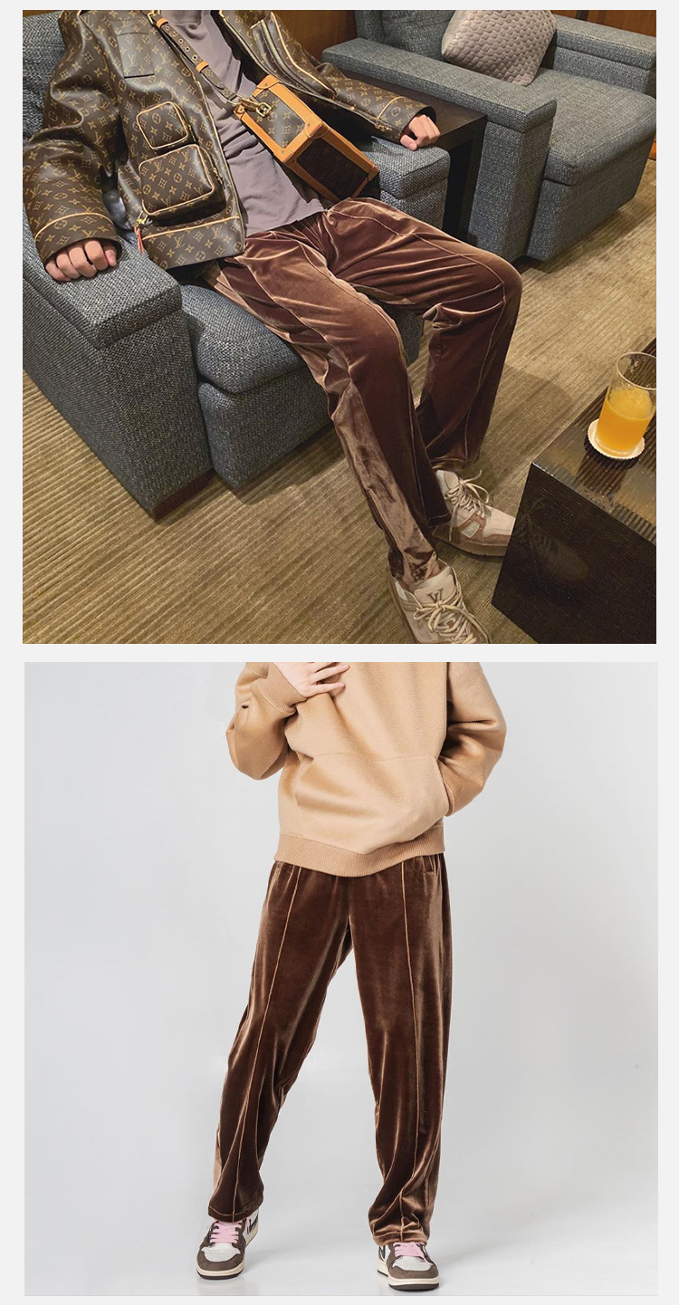 潮牌gl张艺兴同款丝绒拉链直筒阔腿裤侧边拼接休闲长裤男女情侣款