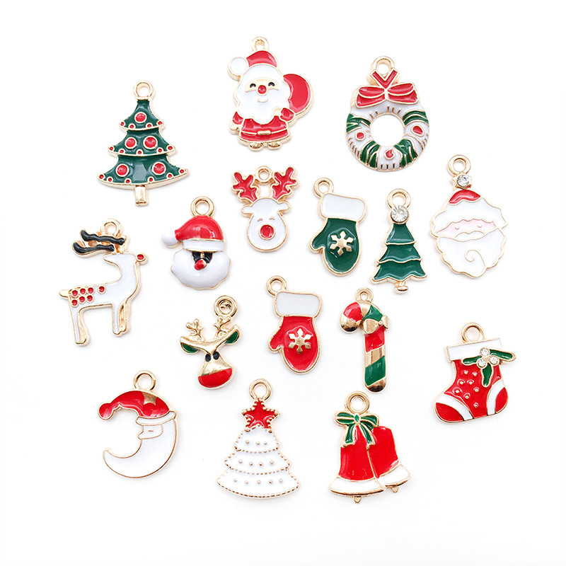 Mixed 100 Christmas Dripping Oil Alloy DIY Ornament Accessories Santa Snowman Bell Elk Bracelet Pendant