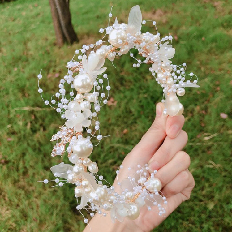 Erqi Bridal Hair Band Hair Accessories New Pearl Flower Hair Band Hand-Woven Golden Leaves Children Headwear