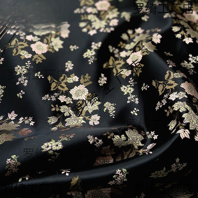 黑色底粉色花朵仙女范垂坠黑色提花尼龙织锦缎布料旗袍汉服装面料