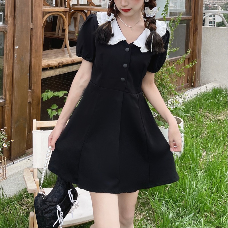 娃娃领气质显瘦收腰黑色连衣裙女夏法式泡泡袖小个子甜美学生裙子