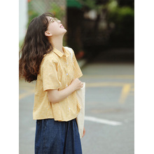 日系复古格子短袖衬衫女法式设计感小众衬衣宽松短款上衣夏季薄款