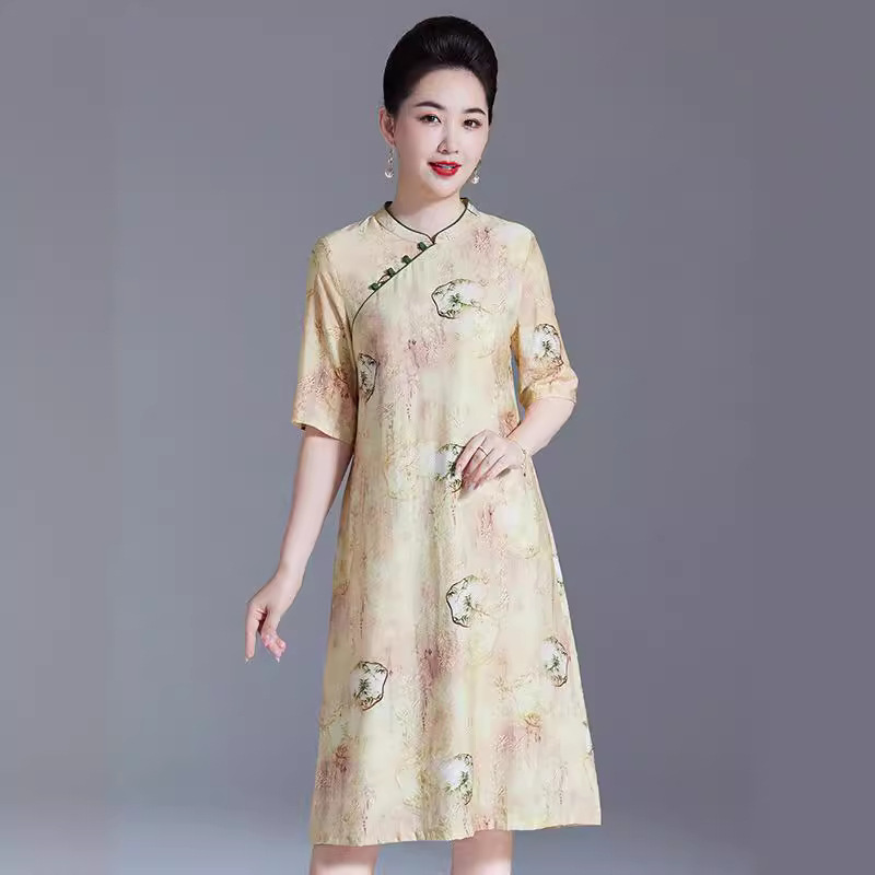 2024夏季新款中式棉麻连衣裙长款夏季女洋气妈妈装桑蚕丝改良旗袍