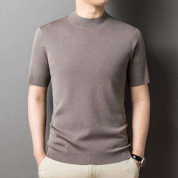 80支精纺羊毛衫男士短袖t恤男秋冬季厚款针织衫打底半袖羊毛上衣