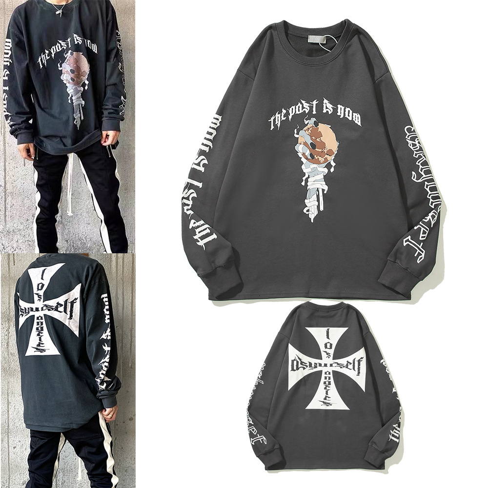 travis scott骷髅手十字架毛圈卫衣欧美复古休闲长袖t恤春季外套