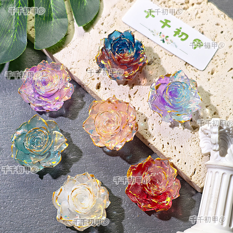 ins轻奢爆闪软胶真爱玫瑰美甲饰品树脂玫瑰花手工diy高级感配件