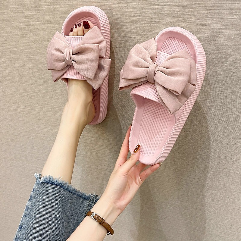 Wholesale Cute Bowknot Slippers Women's Summer Outdoor Wear Thick Bottom Bath Indoor Eva Home One-Word Sandals Beach Shoes