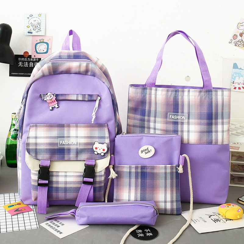 2022 Spring New Women's Korean-Style Fresh Plaid Large Capacity Schoolbag Four-Piece Backpack Wholesale for Junior High School and Primary School