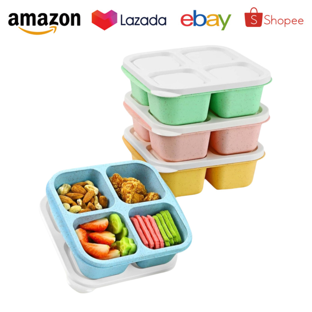 亚马逊新品四分隔食品级硅胶饭盒 午餐盒 沙拉分隔盒微波炉加热