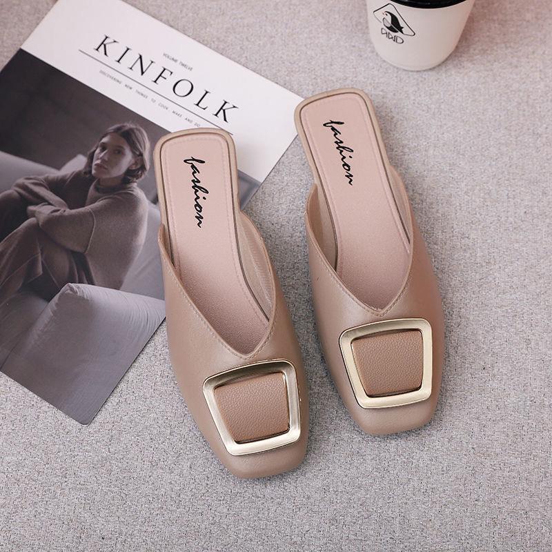 Square Buckle Closed Toe Half Slippers Women's Fashion Outerwear 2023 New Muller Flat Heel Buckle Square Toe Lazy Sandals Women's Shoes