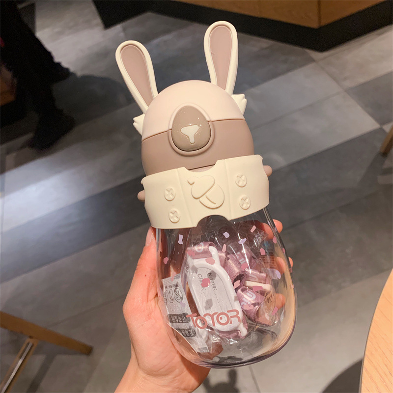 Children's Cute Cartoon Plastic Cup Ins Summer Simplicity Portable Crossbody Cup with Straw Baby Learns to Drink with Handle