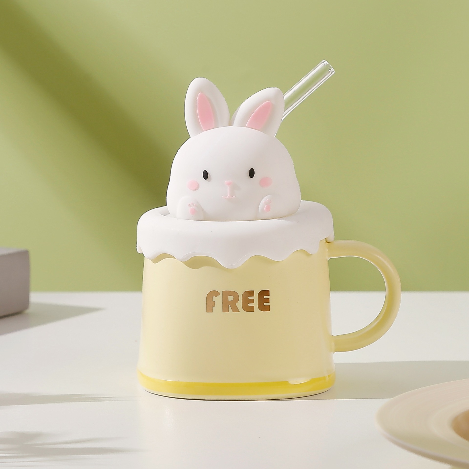 Cute Rabbit Mug with Straw Ceramic Water Cup Good-looking Gift Cup Female Ceramic Cup Wholesale with Lid