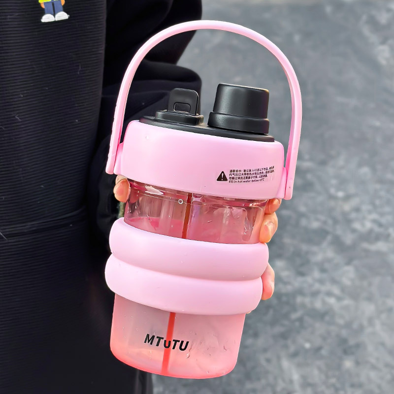 Light Luxury Creative Double Drink Cup Ins Student Outdoor Large Hand-Held Water Cup Children's Double Warehouse Cup with Straw Internet Celebrity Portable Cup