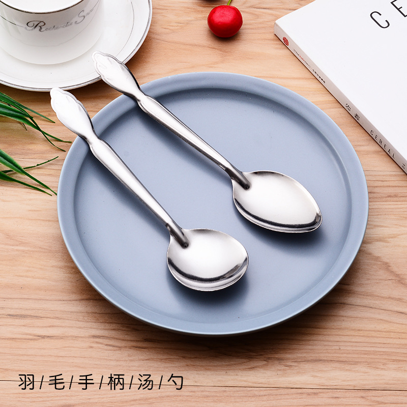 Household 410 Stainless Steel Feather Handle Spoon Pointed Spoon Restaurant Stainless Steel round Head Dessert Coffee Stir Spoon
