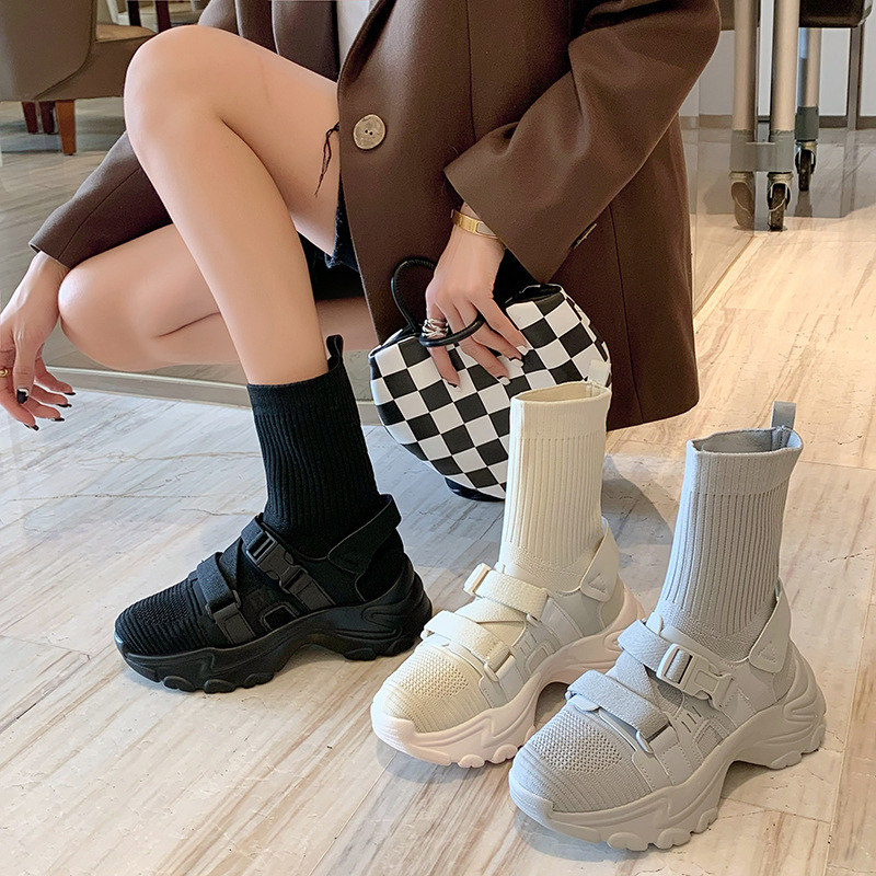 马丁靴女短靴2021春秋新款韩版针织袜靴厚底运动休闲高帮弹力靴女