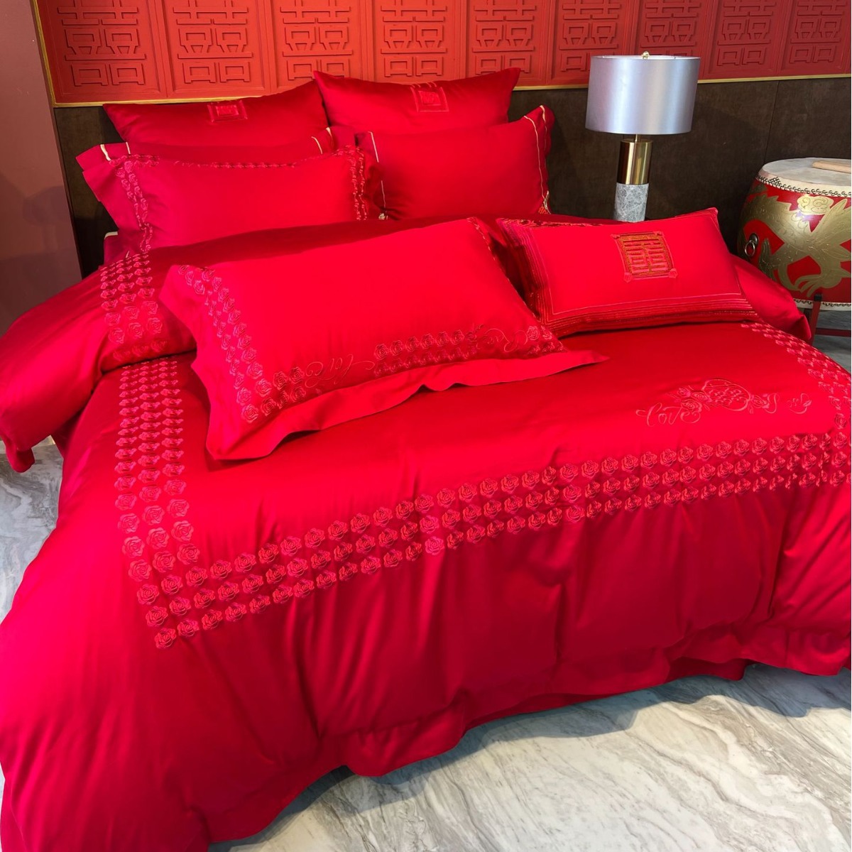 婚庆四件套婚嫁新婚床品喜事用品红色全棉被套玫瑰花刺绣婚房婚床
