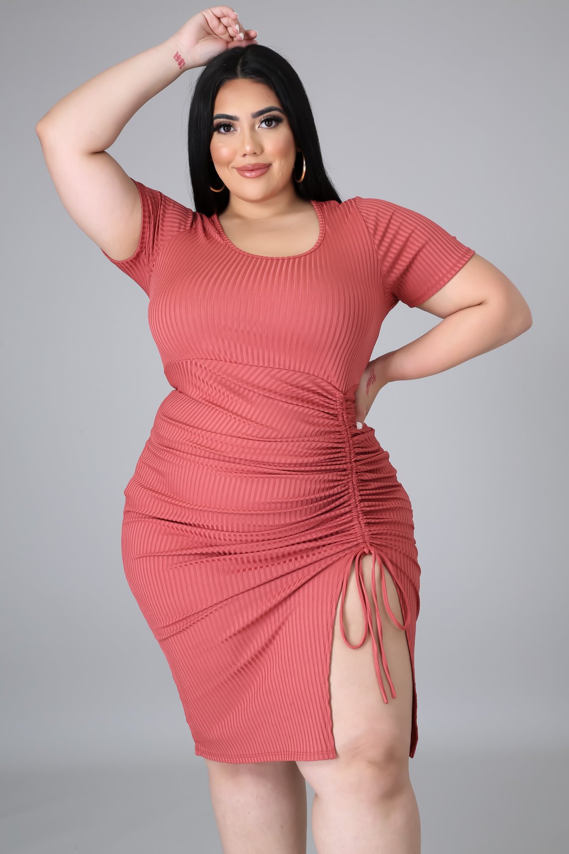 qj5288 欧美跨境肥婆加大码女装 针织坑条侧开口系带连衣裙 三色