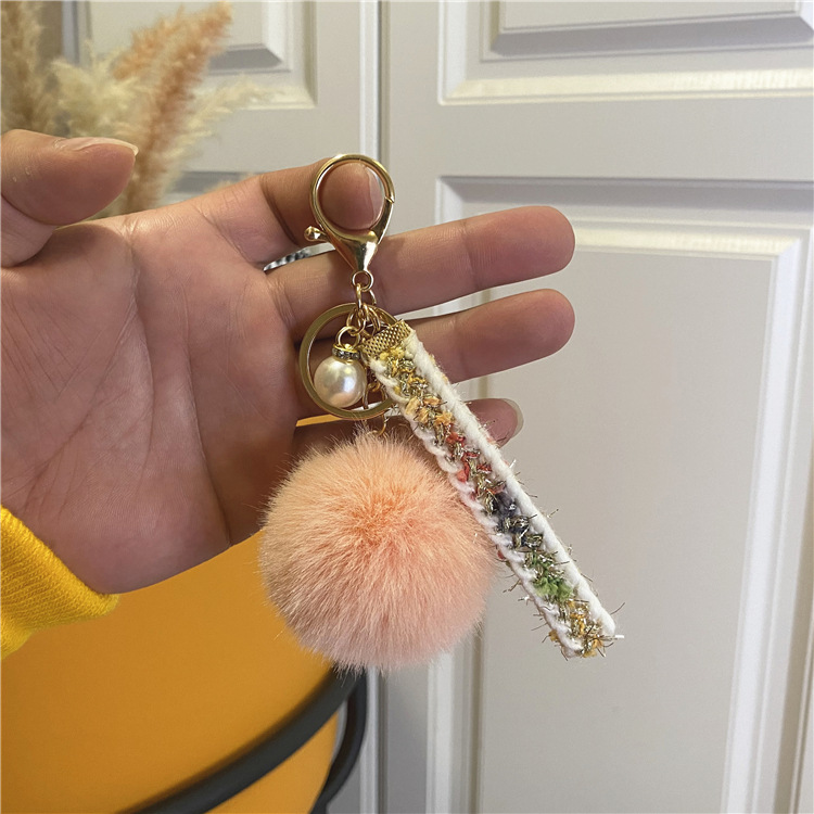 Creative Chanel Style Keychain Plush Bag Ribbon Pendant Car Key Chain Pearl Pendant Accessories Small Gift